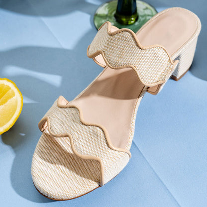 Women's Two Straps Open Toe Block Heel Beige Mules Sandals