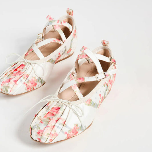 White Floral Print Satin Crisscross Buckled Straps Bow Ballet Flats