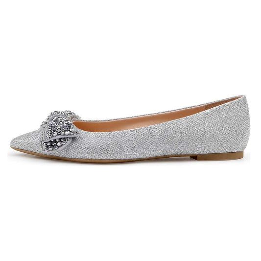 FSJ Beaded Bow Embellished Women's Pointed Toe Flats in Silver