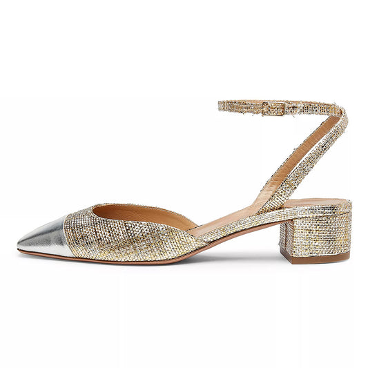 Gold & Silver Square Toe Woven Metallic Finish Women's Pumps Heels