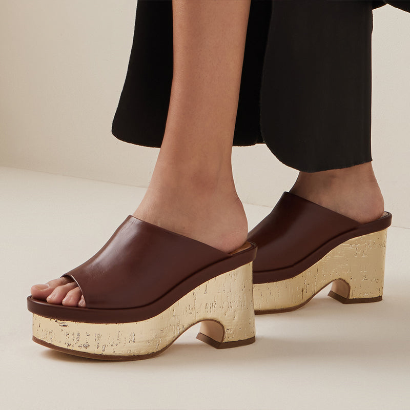 Women's Brown Peep Toe Block Heel Vintage Shoes Casual Platform Mules