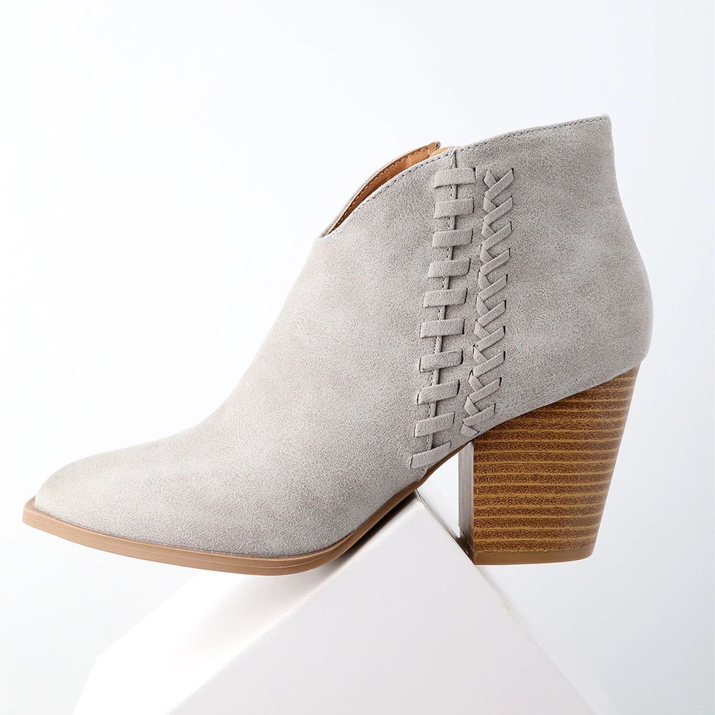 Grey Vegan Suede Woven Detail Chunky Heel Short Boots for Women