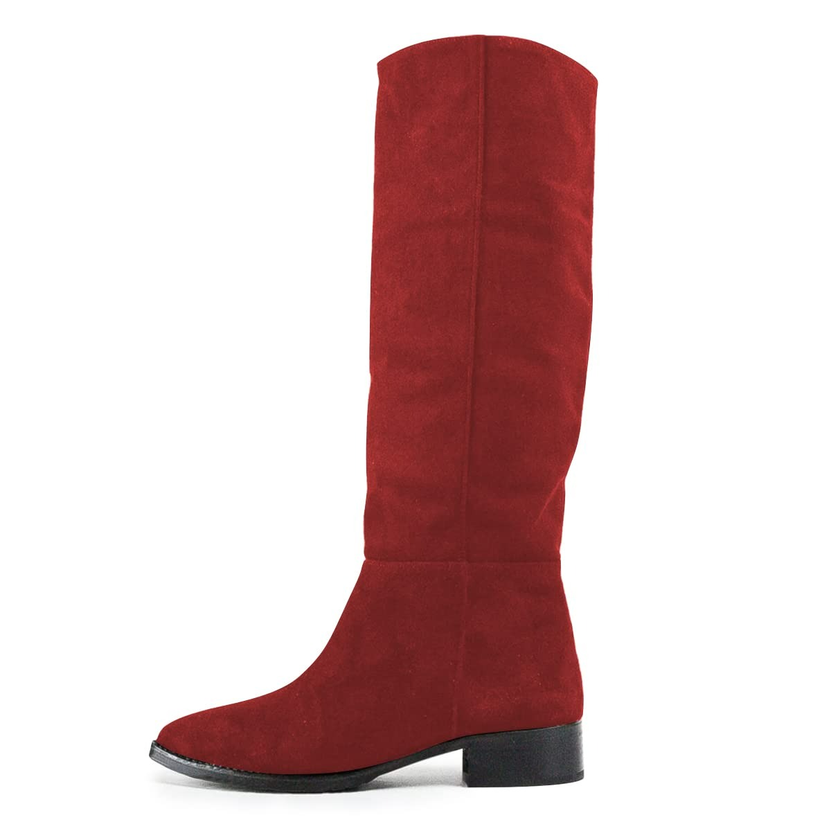 Red Vegan Suede Pointed Toe Chunky Heel Knee High Boots for Women