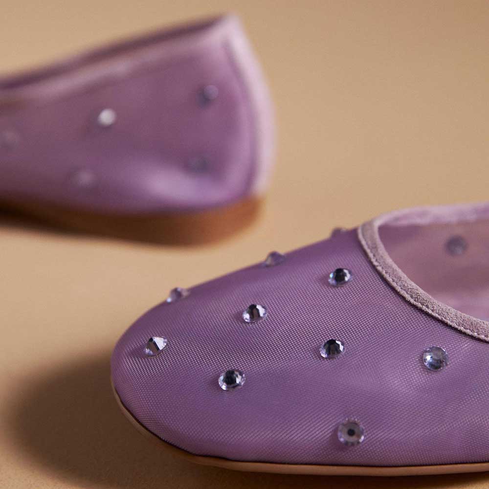 Purple Mesh Sophisticated Rhinestone Embellished Comfy Ballet Flats