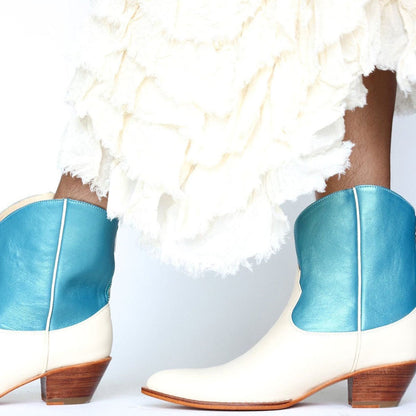 White & Blue Patchwork Pointed Toe Chunky Heel Cowgirl Ankle Boots