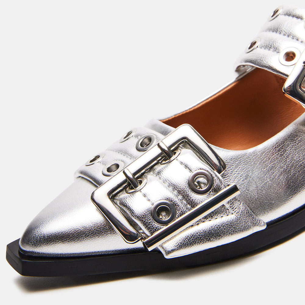 Silver Metallic Finish Pointed-Toe Slingback Flats with Buckles