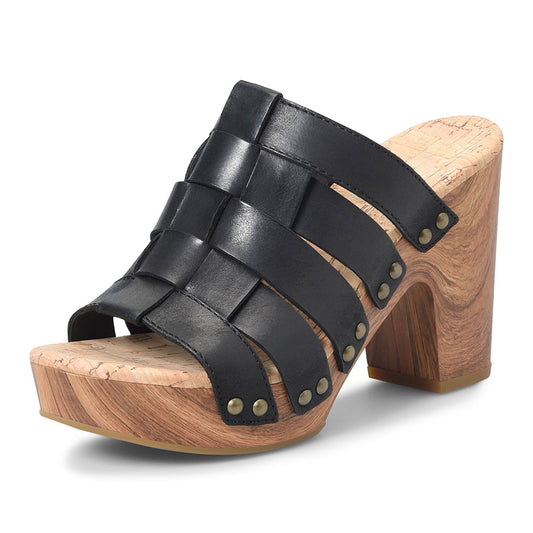 Black Woven Clog Heels Open Toe Slip On Platform Women's Slide Sandals