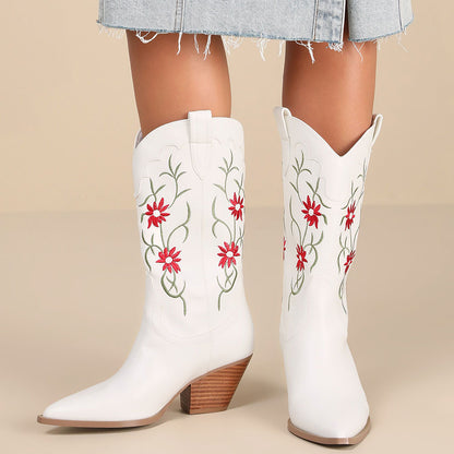 Elegant White Pointed Toe Flowers Embroidered Mid-Calf Cowgirl Boots
