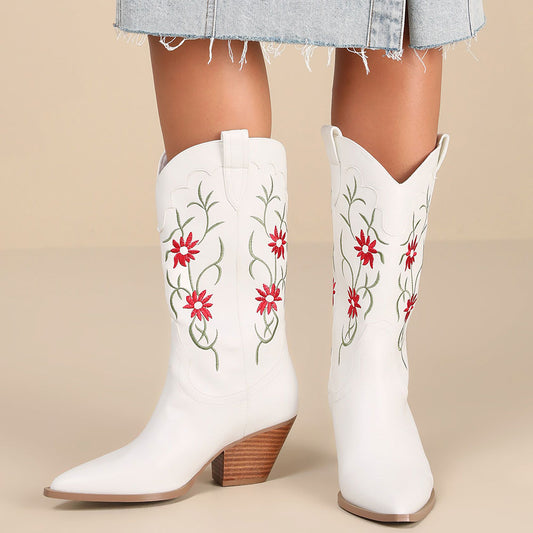 Elegant White Pointed Toe Flowers Embroidered Mid-Calf Cowgirl Boots