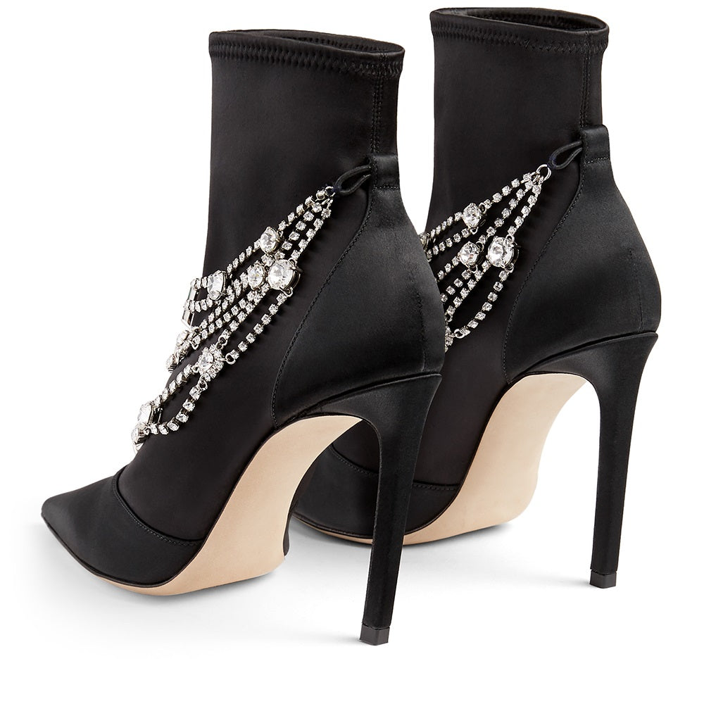 Black Satin Booties Faux Crystal Chain Stiletto Heel Ankle Boots