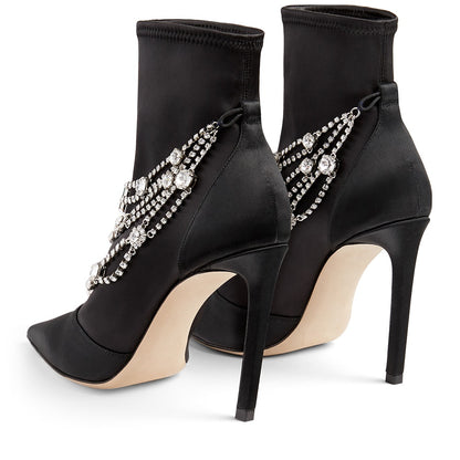 Black Satin Booties Faux Crystal Chain Stiletto Heel Ankle Boots