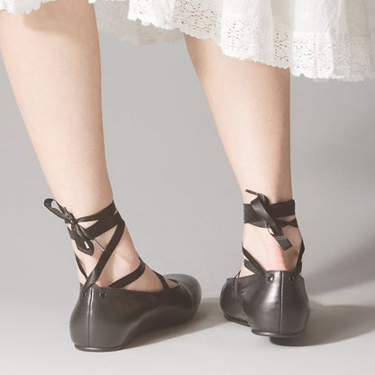 Classy Black Vegan Leather Round Toe Ballet Flats with Straps