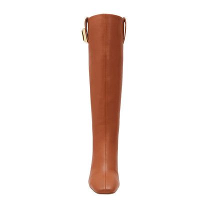 Brown Square Toe Chunky Heel Hardware Pull-On Knee High Boots
