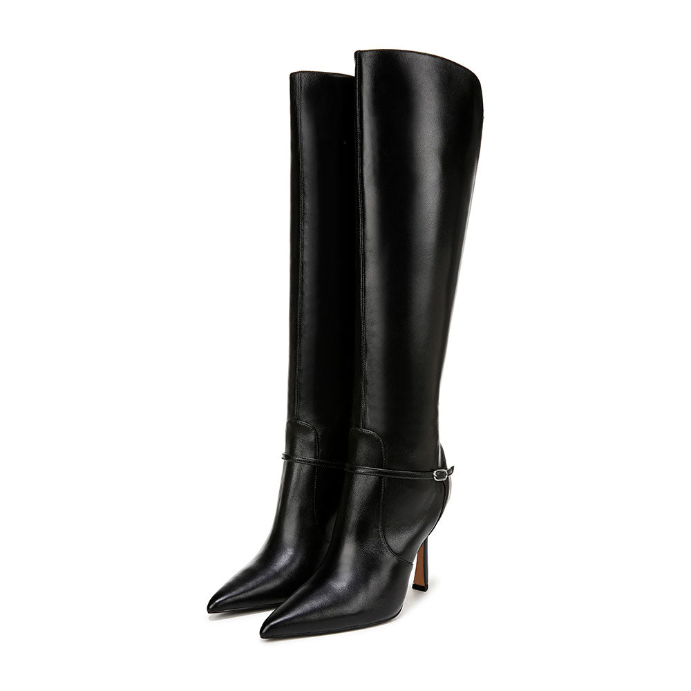 Black Pointy Toe Buckle Strap Detail Knee High Boots with Side Zipper