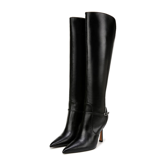 Black Pointy Toe Buckle Strap Detail Knee High Boots with Side Zipper