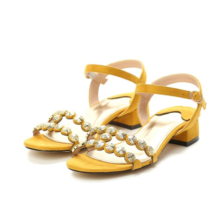 Yellow Vegan Suede Studded Block Heel Sandals