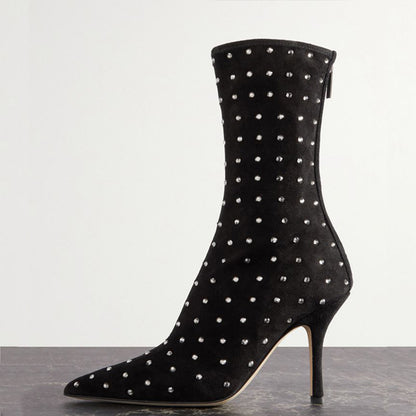 Rhinestone Embellished Pointed Toe Heeled Mid Calf Boots in Black