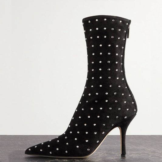 Rhinestone Embellished Pointed Toe Heeled Mid Calf Boots in Black