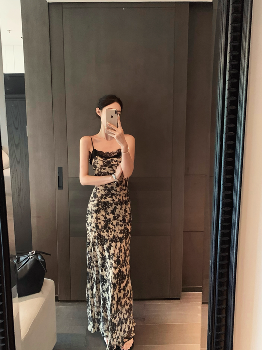 Simple Fashion Beige Floral Design A-line Beach Holiday Spaghetti Strap Dress TP3615