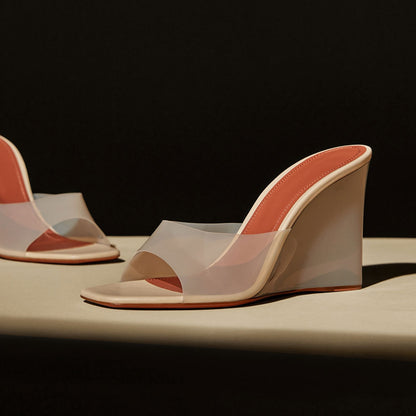 Beige Open Square Toe PVC Band Translucent Wedge Mules Sandals
