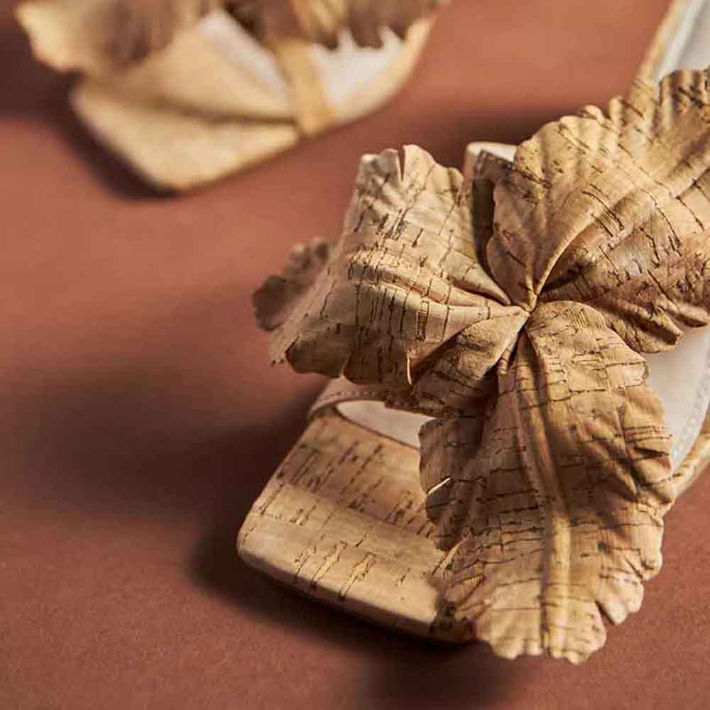 Beige Vegan Leather Square Toe Block Heel Floral Cork Mules