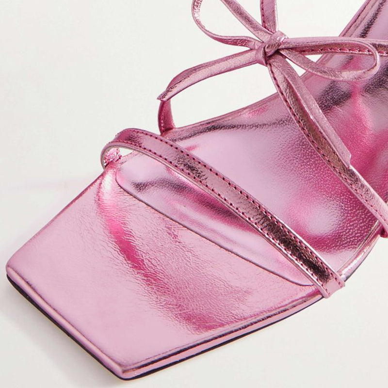 Women's Metallic Pink Square Toe Bow Block Heel Mules Sandals