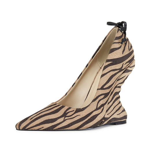 Zebra Print Pointed Toe Back Lace-Up Vegan Suede Wedge Pumps