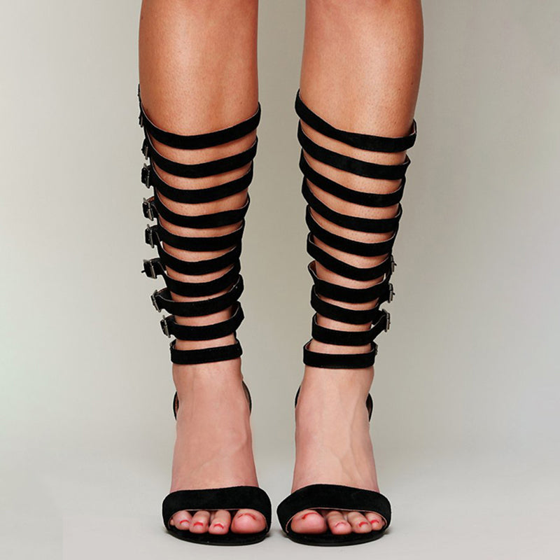 Black Gladiator Heels Open Toe Buckled Strappy Sandals for Women