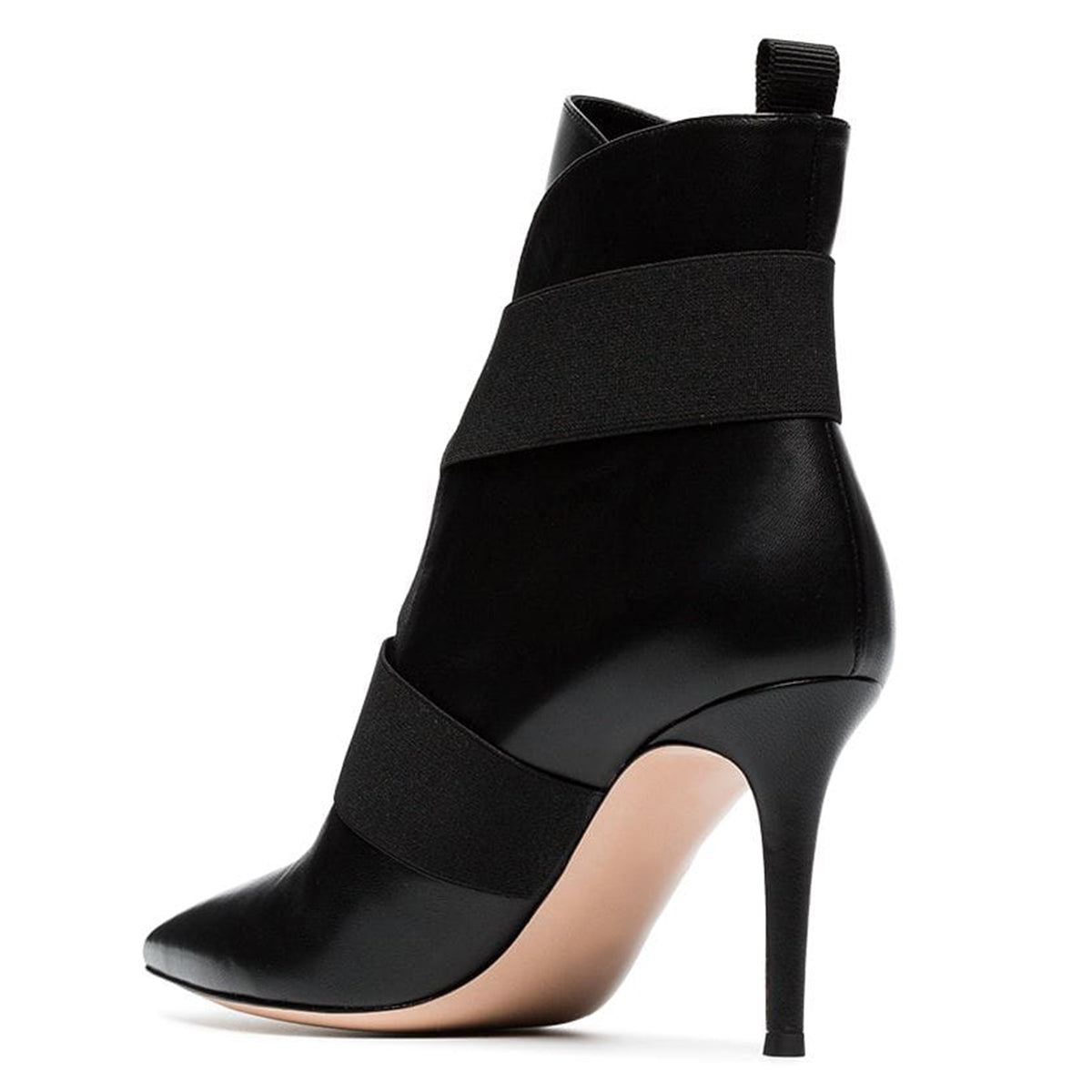 Black Elastic Straps Pointed Toe Pull-On Stiletto Heel Ankle Boots