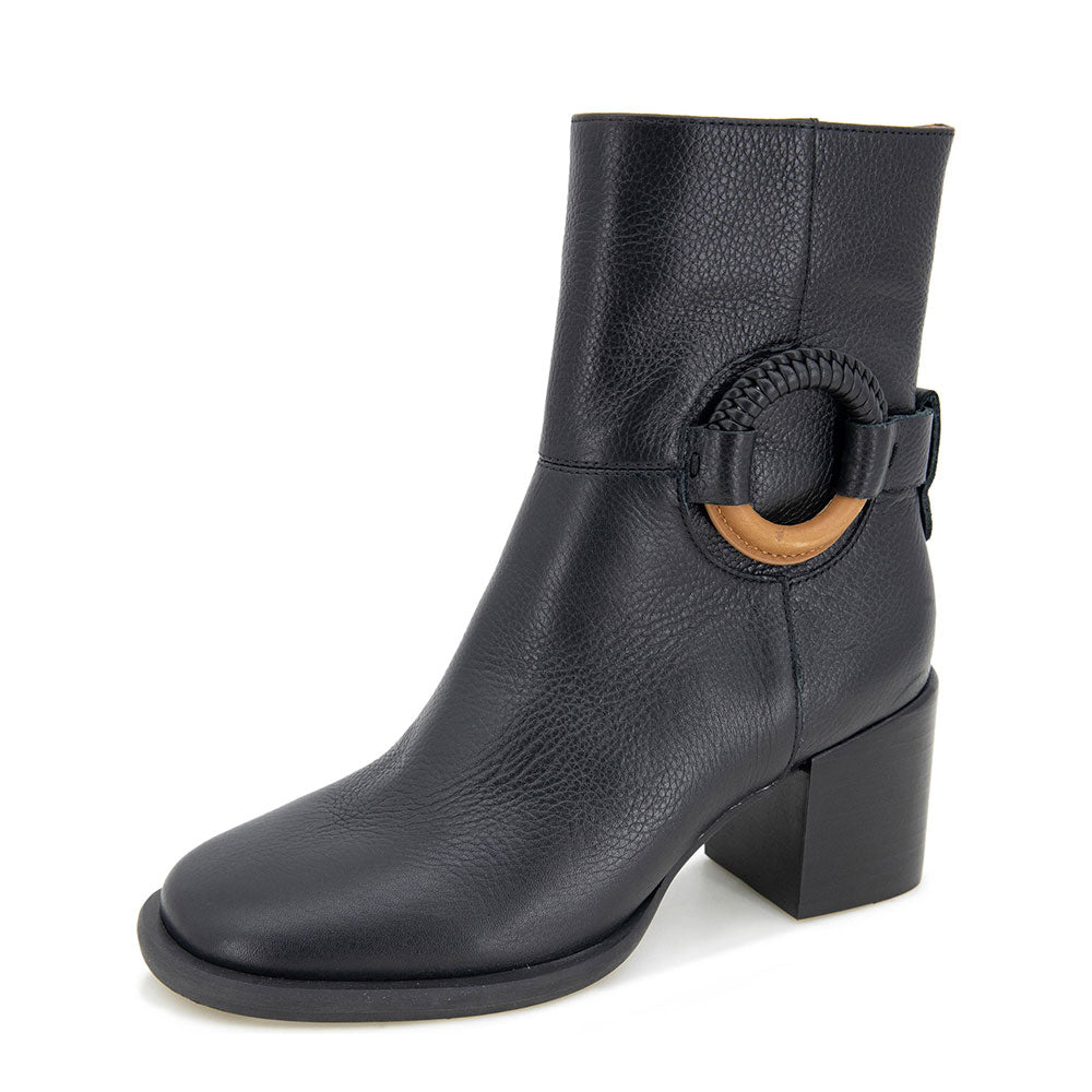 Black Round Toe Braided Ring Embellished Block Heel Ankle Boots