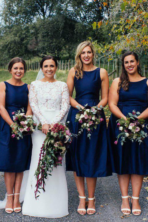 Navy Blue Tea Length Satin A-line Bridesmaid Dress