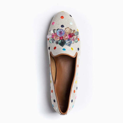 Multicolor Polka Dot Slip-On Women's Loafers with Rhinestones Decor