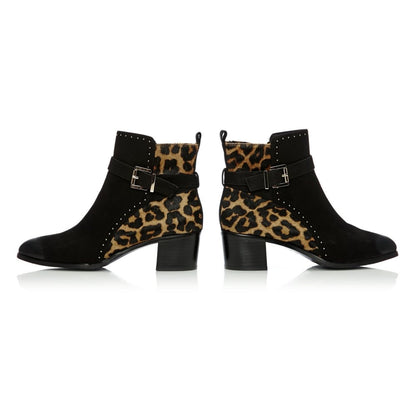 Black & Brown Leopard Print Ankle Boots Round Toe Studs Booties