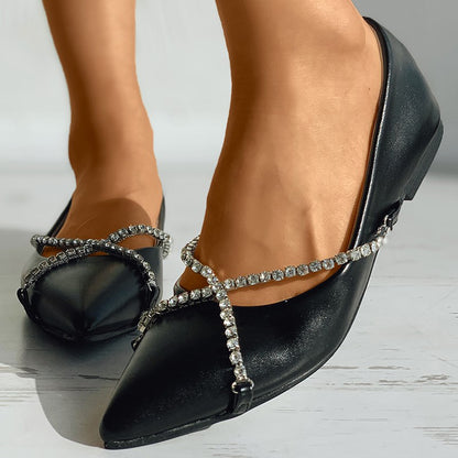 Women's All Black Shoes Rhinestone Crisscross Straps Pointed Toe Flats