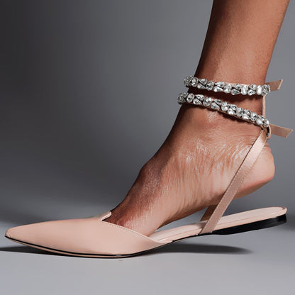 Nude Pointed Toe Rhinestone Embellished Ankle Strap Wedding Flats