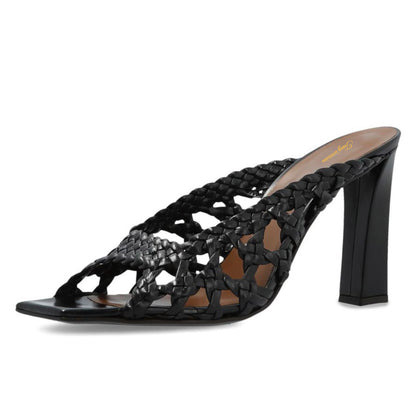 Black Vegan Leather Woven Square Toe Chunky High Heel Slides for Women