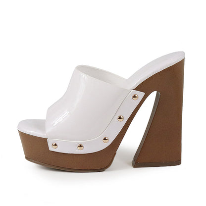 White Patent Leather Open Toe Clog Heels Studded Platform Mules Shoes
