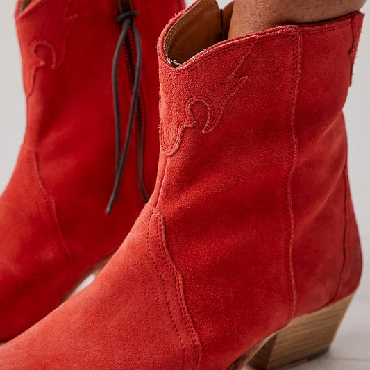 Red Vegan Suede Zipper Booties Stacked Heel Western Boots for Women