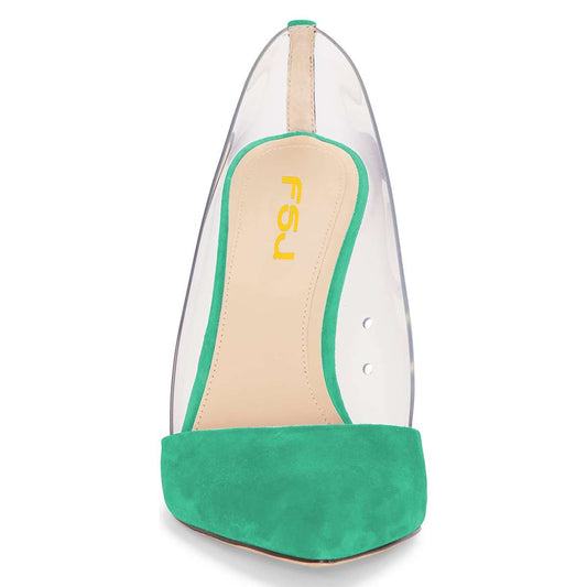 Women's Turquoise Transparent PVC Vegan Suede Chunky Heels Pumps