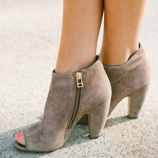 Taupe Vegan Suede Peep Toe Chunky Heel Vintage Ankle Boots with Zip
