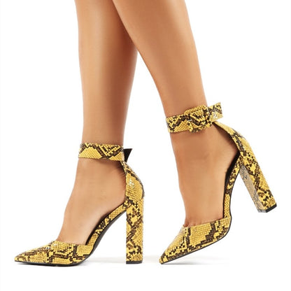 Women's Yellow Snakeskin Ankle Strap Chunky Heels Pumps