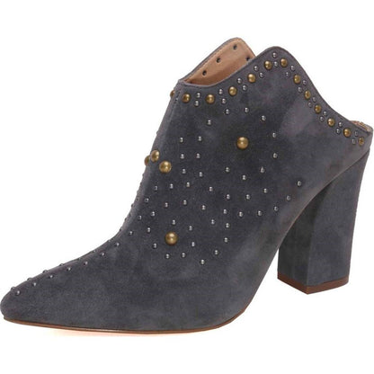 Women's Dark Grey Block Heels Pointed Toe Studded Mules Shoes