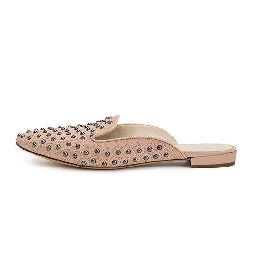 Beige Vegan Leather Closed Toe Flat Mules with Studs