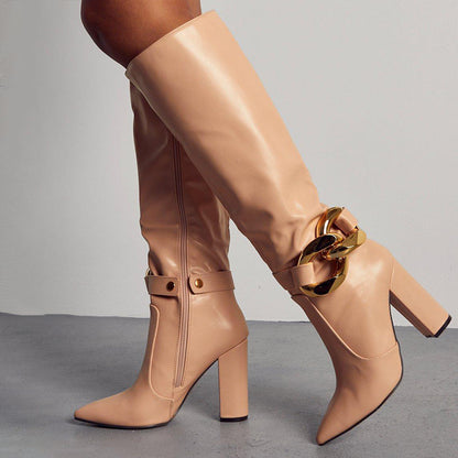 Nude Pointed Toe Chunky Heels Classic Metal Buckle Knee High Boots