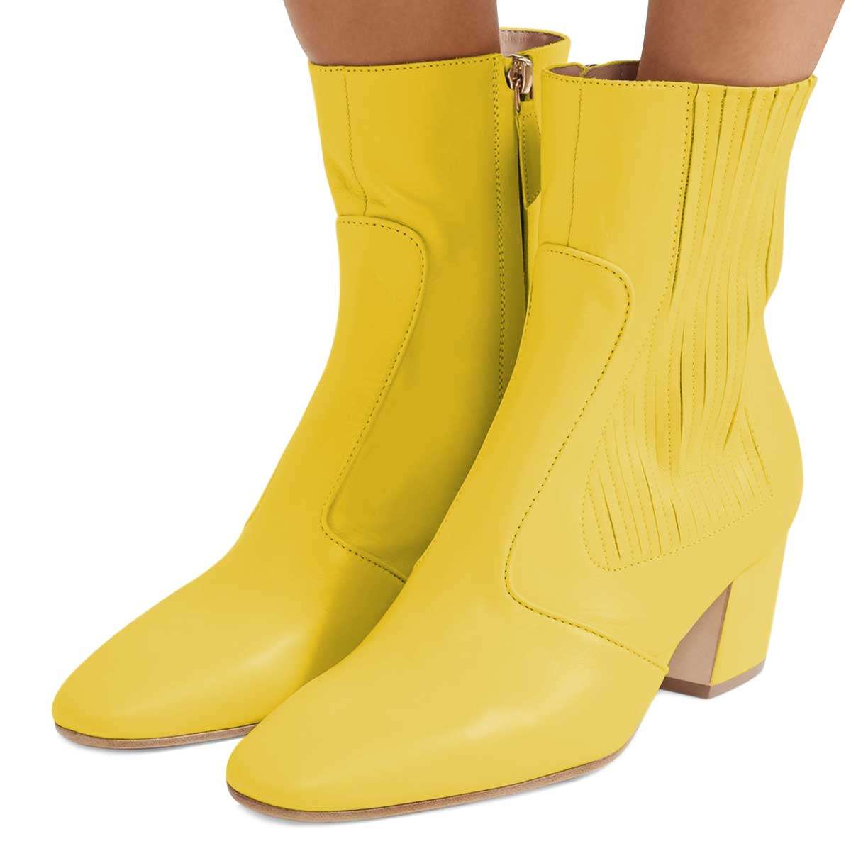 Yellow Chunky Heel Side Zipper Ankle Boots for Women
