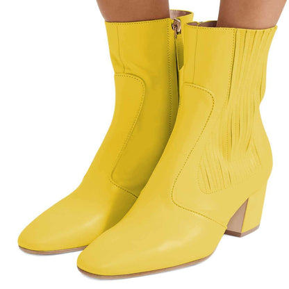 Yellow Chunky Heel Side Zipper Ankle Boots for Women