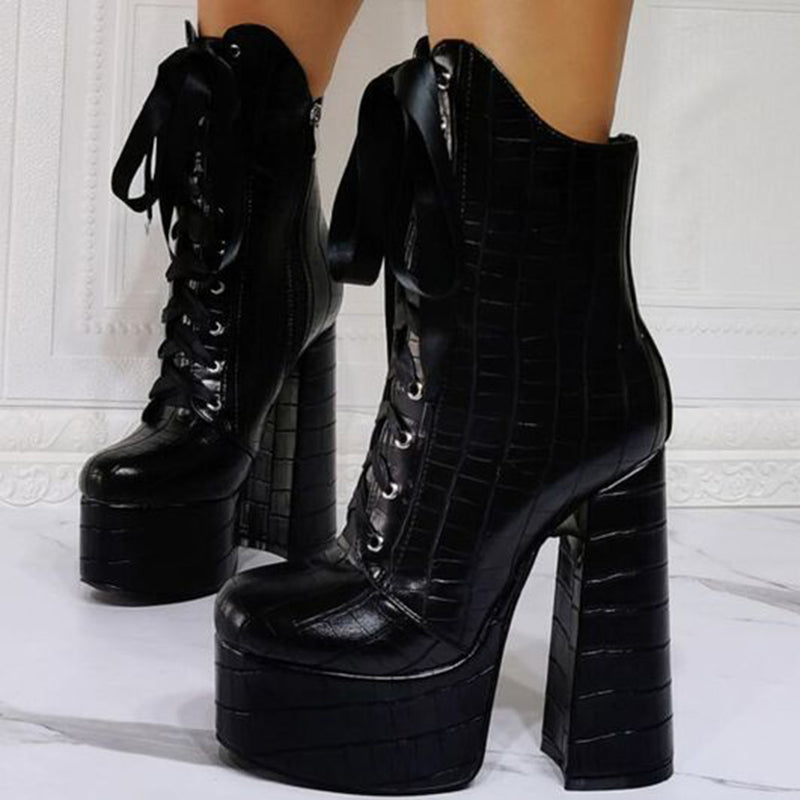 Black Croco Embossed Chunky Heel Platform Lace Up Ankle Boots