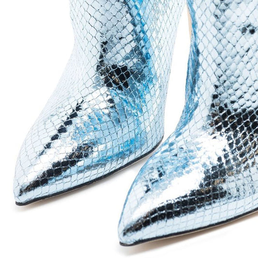 Light Blue Snakeskin Pointed Toe Stiletto Heel Calf Height Boots