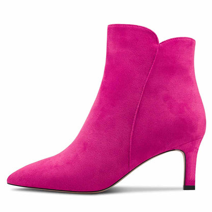 Vegan Suede Pointed Toe Kitten Heeled Ankle Boots in Fuchsia