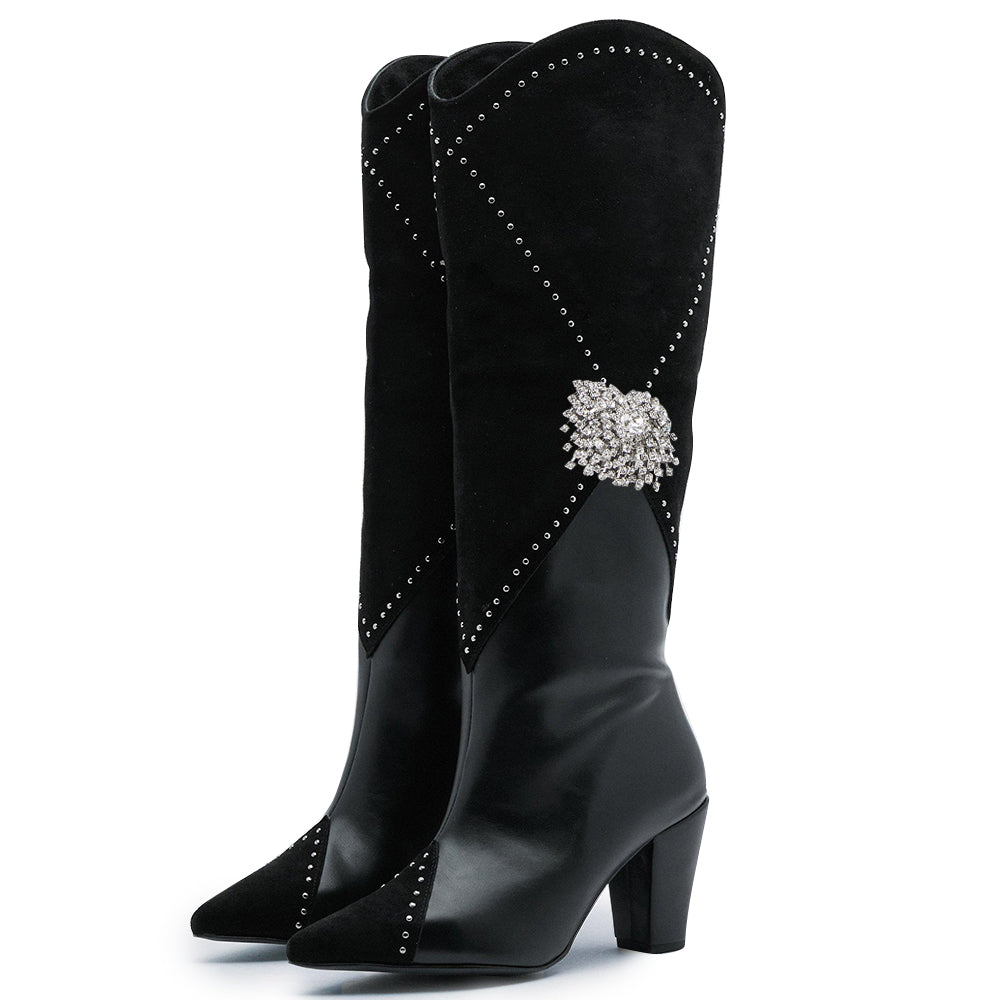 Black Vegan Suede Splicing Pointed Toe Rhinestone Western Tall Boots